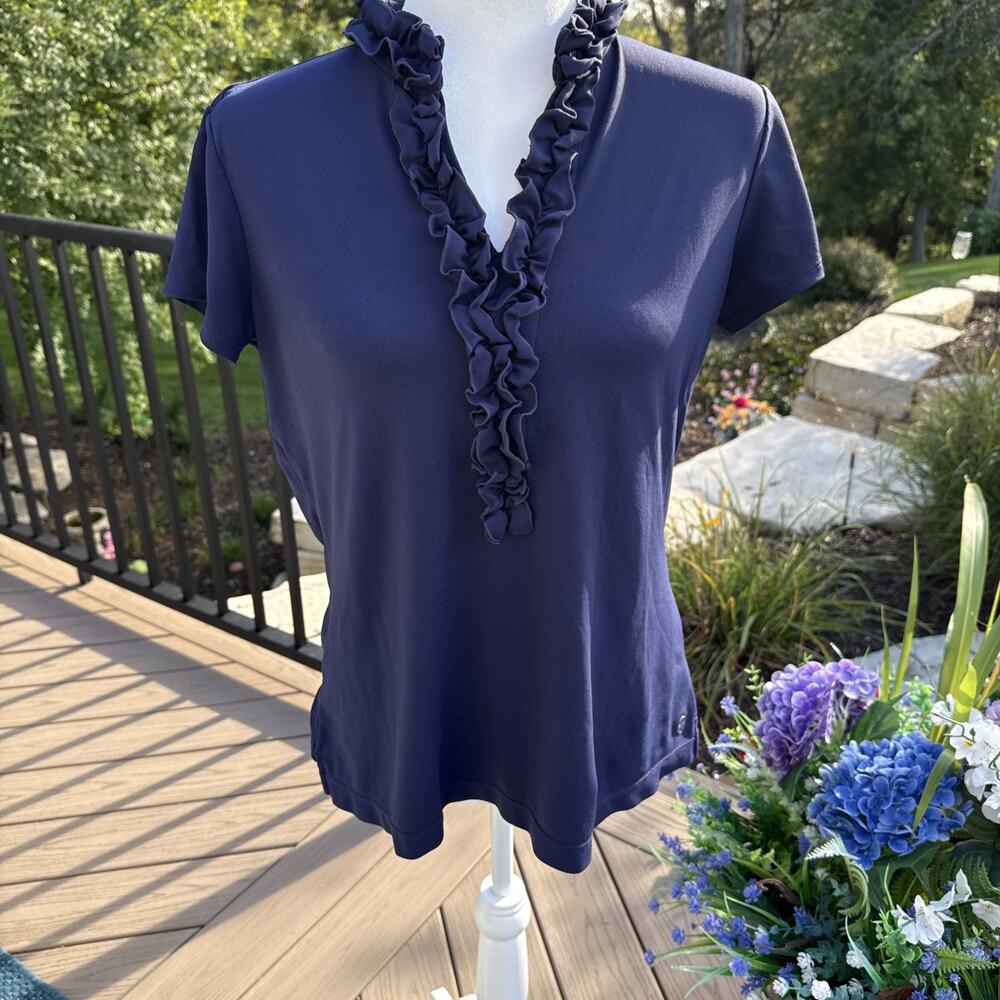 Lilly Pulitzer Frida Luxletic Navy Blue Top Large Ruffle Short Sleeve Golf (260)